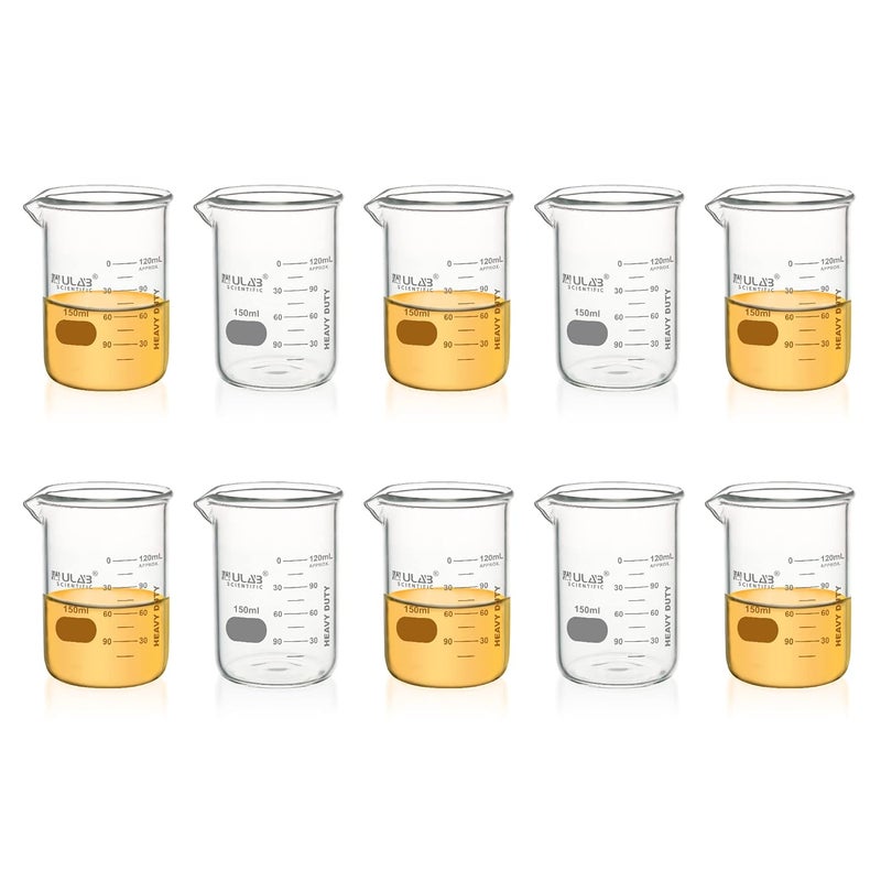 ULAB Heavy Duty Glass Beakers, 10pcs of Vol.150ml(5.07oz), Borosilicate 3.3 Glass, Thick Wall Beakers, with Double Scale, Superior Durability & Chemical Resistance, UBG1053 - Image 1